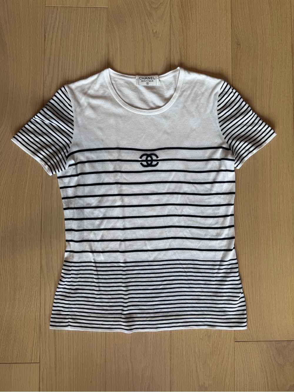 CHANEL White & navy Striped Short-Sleeve Logo Tee